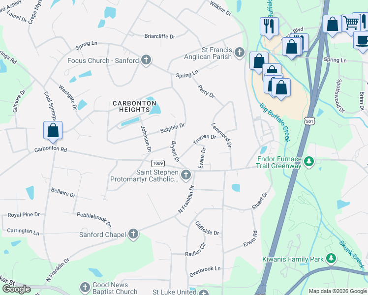 map of restaurants, bars, coffee shops, grocery stores, and more near 1908 Truman Drive in Sanford