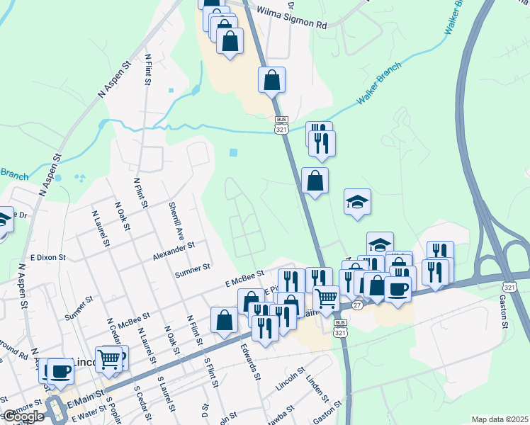 map of restaurants, bars, coffee shops, grocery stores, and more near 314 Newcastle Avenue in Lincolnton