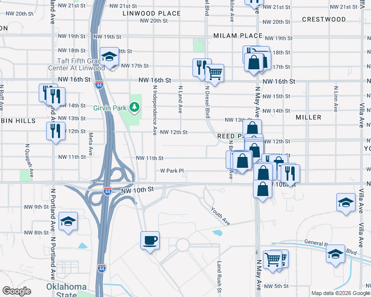 map of restaurants, bars, coffee shops, grocery stores, and more near 3136 Drexel Court in Oklahoma City