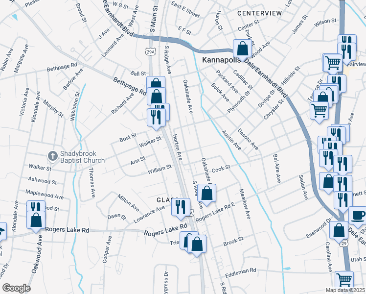 map of restaurants, bars, coffee shops, grocery stores, and more near 1014 South Ridge Avenue in Kannapolis