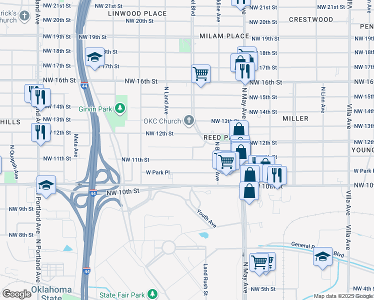 map of restaurants, bars, coffee shops, grocery stores, and more near 3108 Drexel Court in Oklahoma City