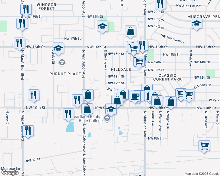 map of restaurants, bars, coffee shops, grocery stores, and more near 1212 Northwest 11th Street in Oklahoma City