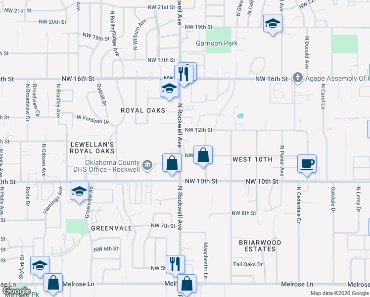 map of restaurants, bars, coffee shops, grocery stores, and more near 1200 North Rockwell Avenue in Oklahoma City