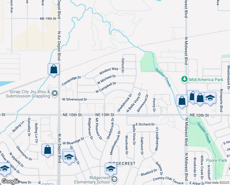 map of restaurants, bars, coffee shops, grocery stores, and more near 211 Shadybrook Place in Midwest City