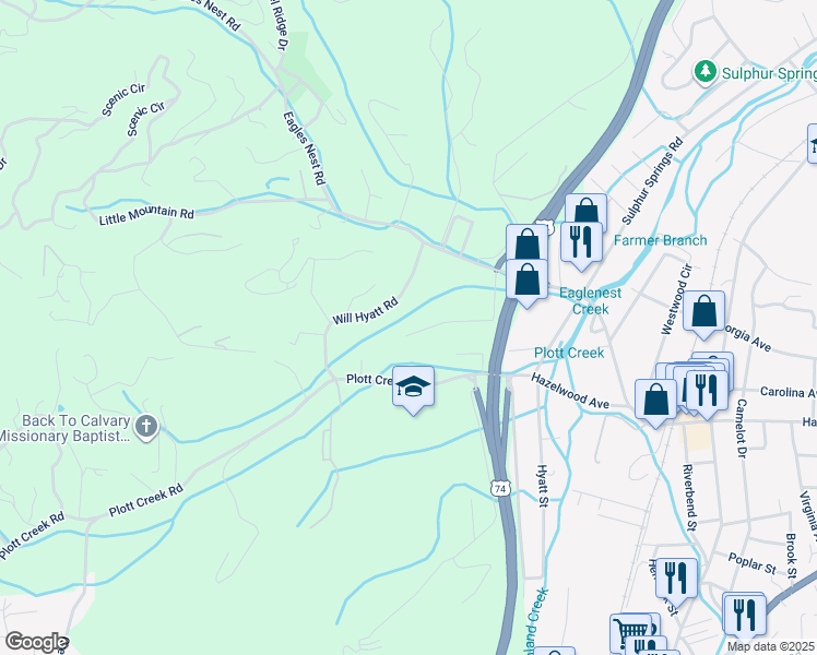 map of restaurants, bars, coffee shops, grocery stores, and more near 274 Valley View Terrace in Waynesville