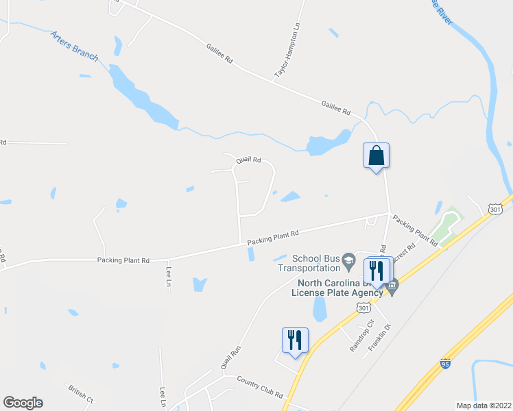 map of restaurants, bars, coffee shops, grocery stores, and more near 485 Quail Road in Smithfield