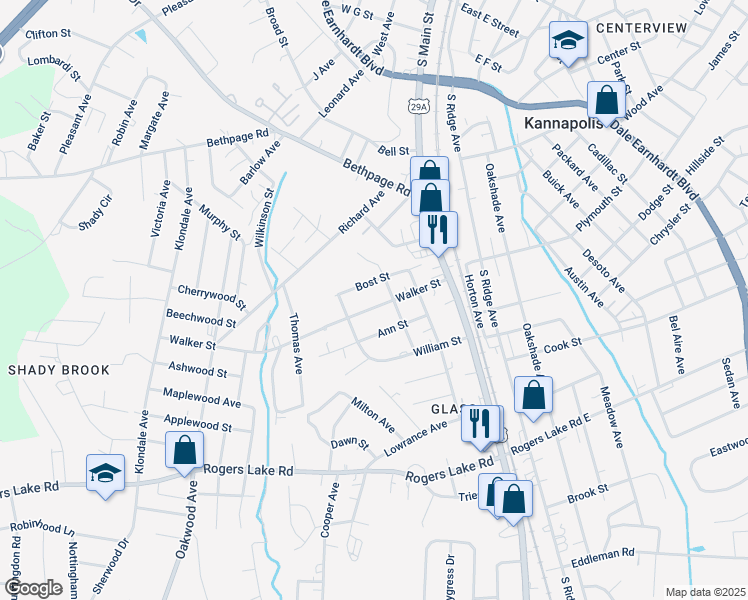 map of restaurants, bars, coffee shops, grocery stores, and more near 304 Walker Street in Kannapolis