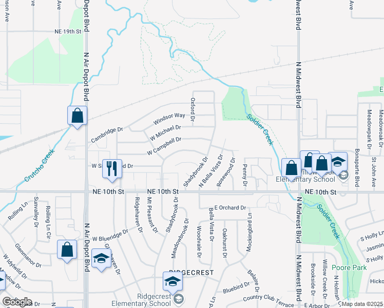 map of restaurants, bars, coffee shops, grocery stores, and more near 112 West Shadywood Drive in Midwest City