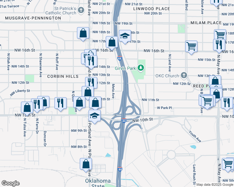 map of restaurants, bars, coffee shops, grocery stores, and more near 3508 Northwest Liberty Street in Oklahoma City