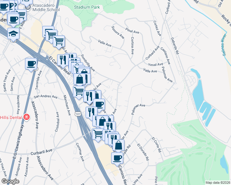 map of restaurants, bars, coffee shops, grocery stores, and more near 8960 Curbaril Avenue in Atascadero