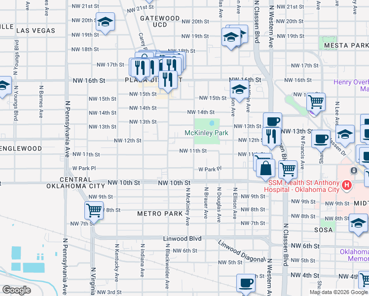 map of restaurants, bars, coffee shops, grocery stores, and more near 1615 Northwest 11th Street in Oklahoma City