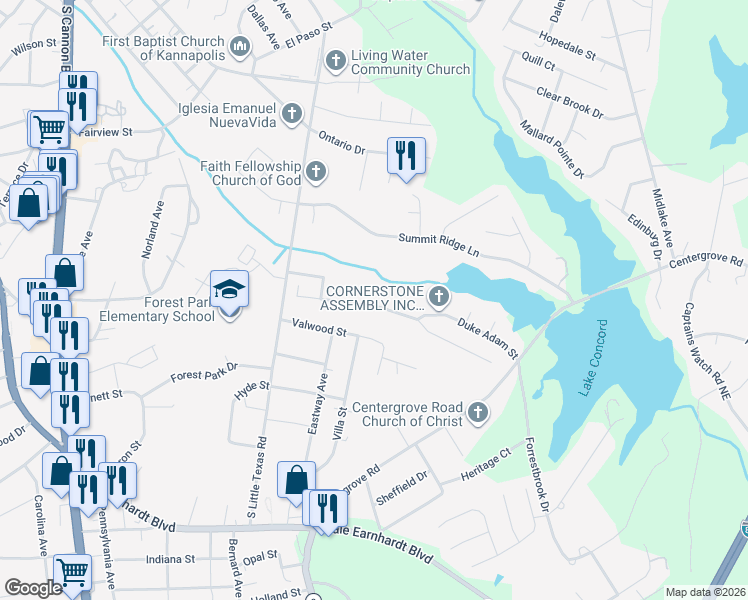 map of restaurants, bars, coffee shops, grocery stores, and more near 1763 Mission Oaks Street in Kannapolis