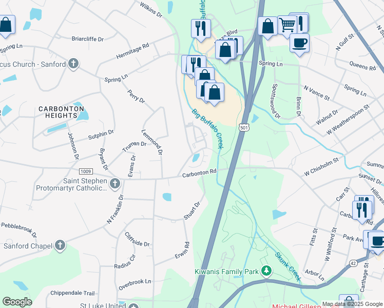 map of restaurants, bars, coffee shops, grocery stores, and more near 1602 Old Carbonton Road in Sanford