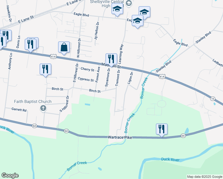 map of restaurants, bars, coffee shops, grocery stores, and more near 200 Tremont Drive in Shelbyville