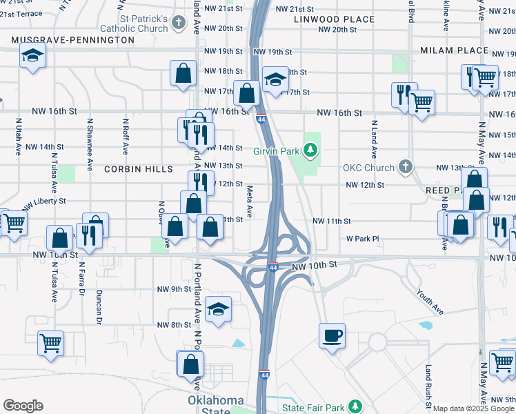map of restaurants, bars, coffee shops, grocery stores, and more near 3508 Northwest Liberty Street in Oklahoma City