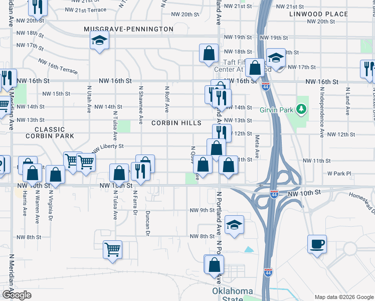 map of restaurants, bars, coffee shops, grocery stores, and more near 3745 Northwest 11th Street in Oklahoma City