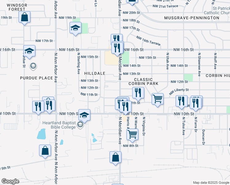 map of restaurants, bars, coffee shops, grocery stores, and more near 4509 Northwest 11th Street in Oklahoma City