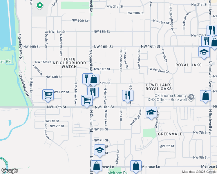 map of restaurants, bars, coffee shops, grocery stores, and more near 7830 Northwest 12th Street in Oklahoma City