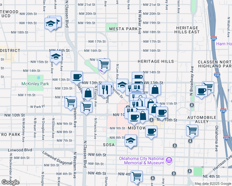 map of restaurants, bars, coffee shops, grocery stores, and more near 1219 Classen Drive in Oklahoma City