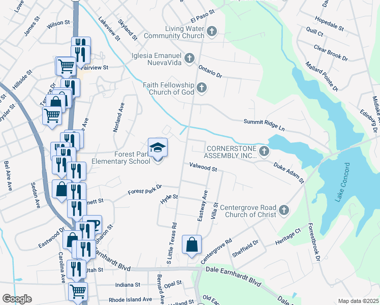 map of restaurants, bars, coffee shops, grocery stores, and more near 1694 Mission Oaks Street in Kannapolis