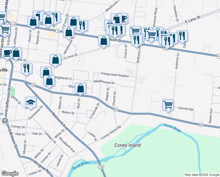 map of restaurants, bars, coffee shops, grocery stores, and more near 107 Maple Street in Shelbyville
