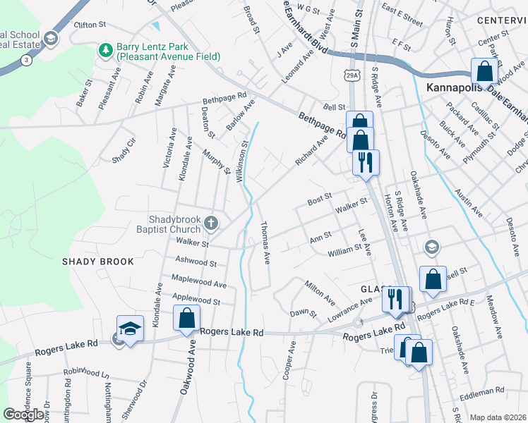 map of restaurants, bars, coffee shops, grocery stores, and more near 1006 Thomas Avenue in Kannapolis