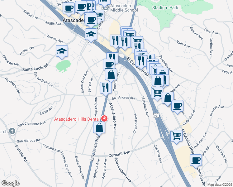 map of restaurants, bars, coffee shops, grocery stores, and more near 7025 Los Arboles Circle in Atascadero
