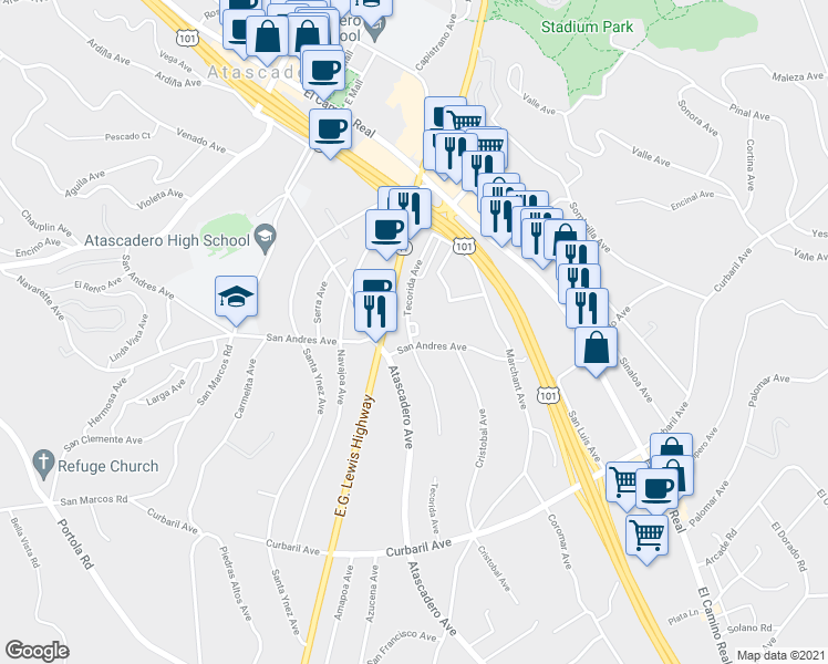 map of restaurants, bars, coffee shops, grocery stores, and more near 7025 Los Arboles Circle in Atascadero