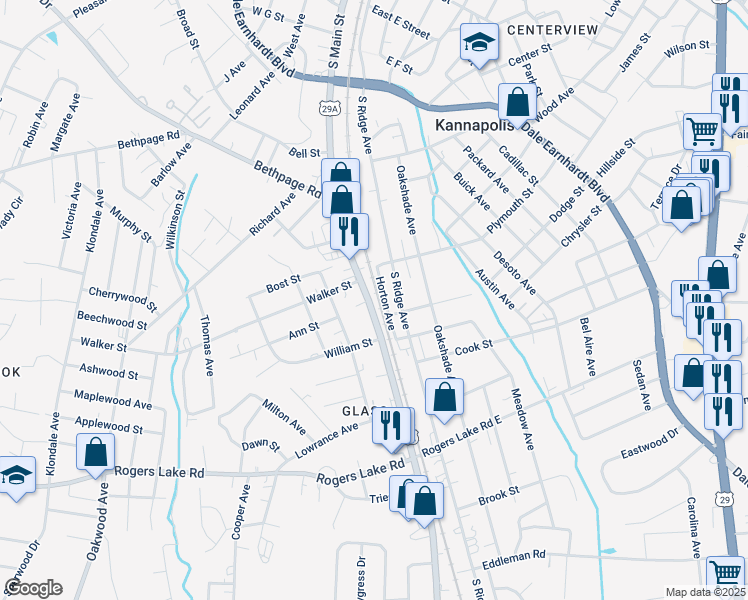 map of restaurants, bars, coffee shops, grocery stores, and more near 1105 South Main Street in Kannapolis