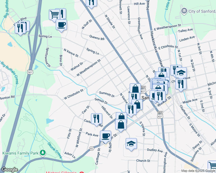 map of restaurants, bars, coffee shops, grocery stores, and more near 511 Cross St in Sanford