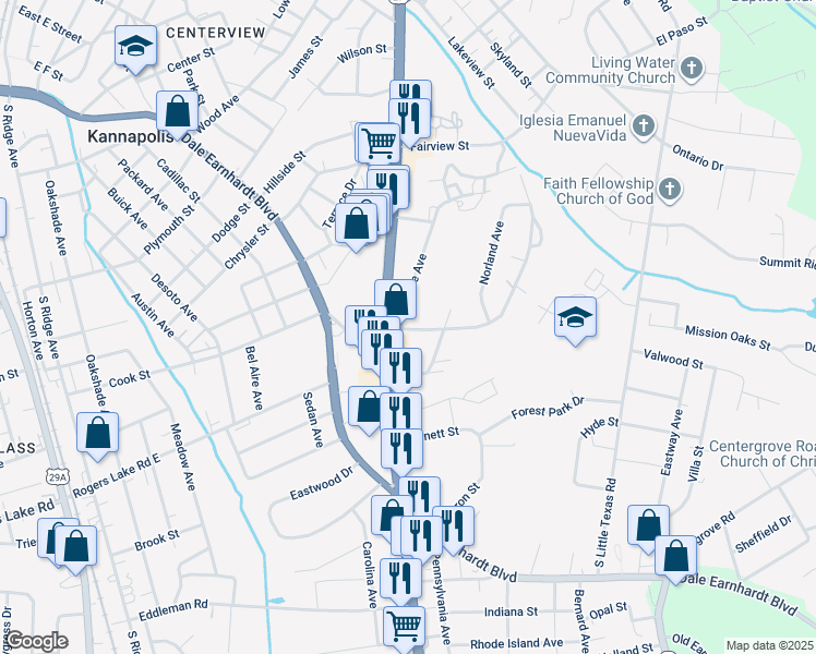 map of restaurants, bars, coffee shops, grocery stores, and more near 1011 S Cannon Blvd in Kannapolis