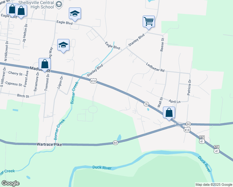 map of restaurants, bars, coffee shops, grocery stores, and more near 1814-1856 Madison Street in Shelbyville
