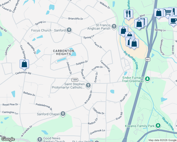 map of restaurants, bars, coffee shops, grocery stores, and more near 1908 Truman Drive in Sanford