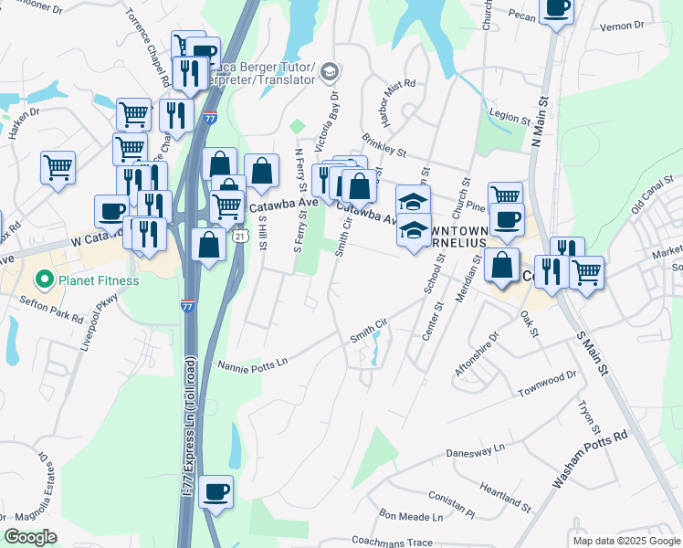 map of restaurants, bars, coffee shops, grocery stores, and more near 19600 Smith Circle in Cornelius