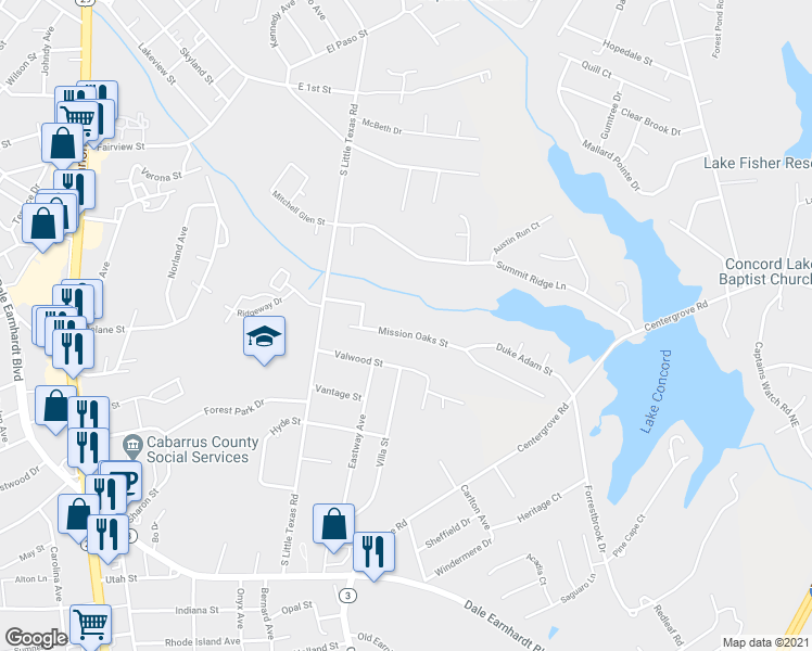 map of restaurants, bars, coffee shops, grocery stores, and more near 1763 Mission Oaks Street in Kannapolis