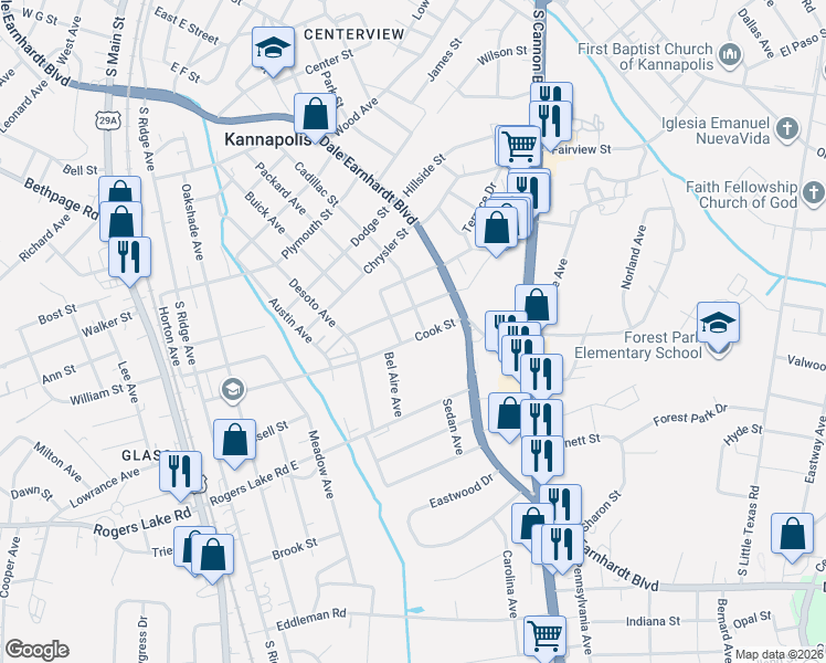 map of restaurants, bars, coffee shops, grocery stores, and more near 508 Cook Street in Kannapolis