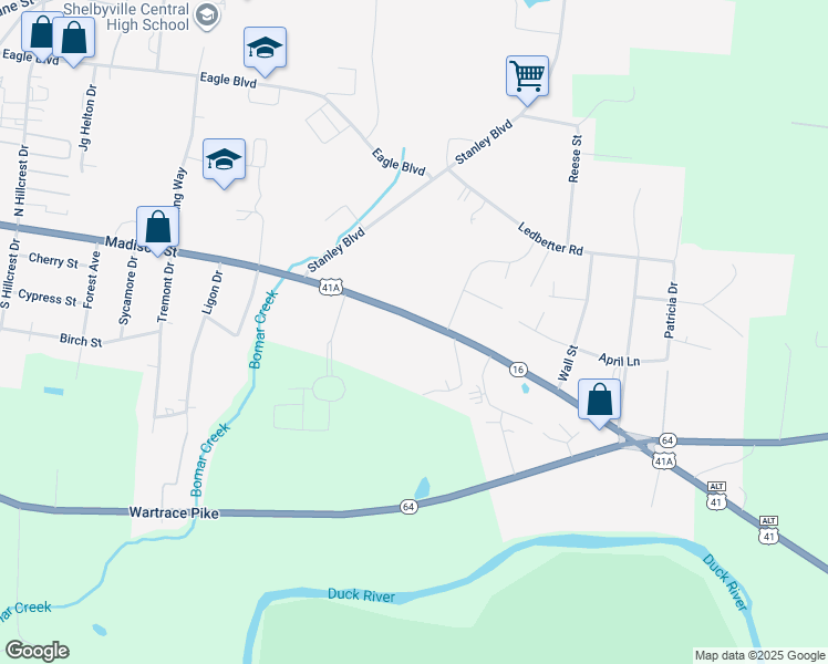 map of restaurants, bars, coffee shops, grocery stores, and more near 1814-1856 Madison Street in Shelbyville