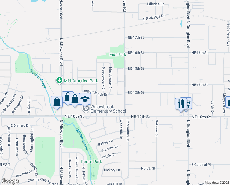 map of restaurants, bars, coffee shops, grocery stores, and more near 1100 Willow Brook Drive in Midwest City