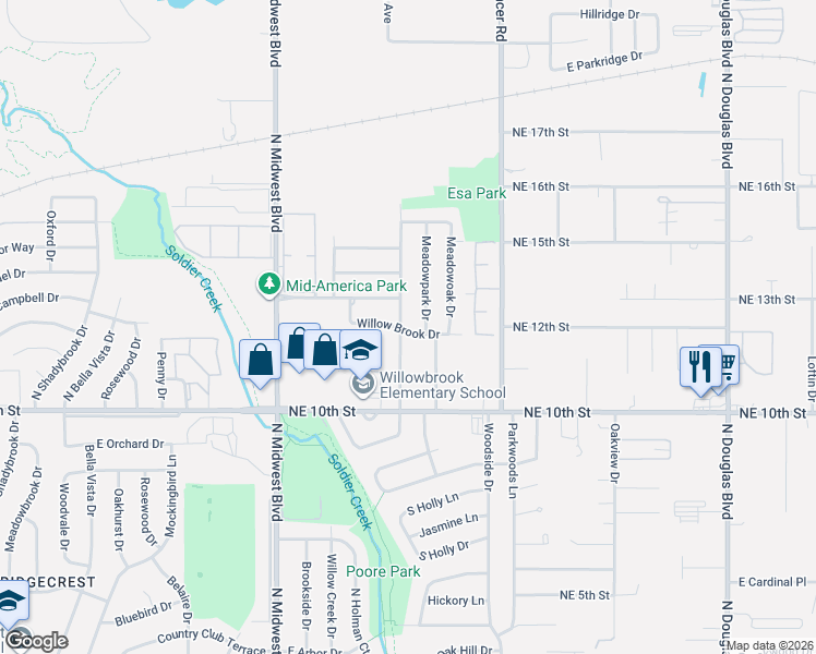 map of restaurants, bars, coffee shops, grocery stores, and more near 1012 Willow Brook Drive in Midwest City