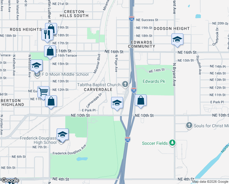 map of restaurants, bars, coffee shops, grocery stores, and more near 2500 Northeast 11th Street in Oklahoma City