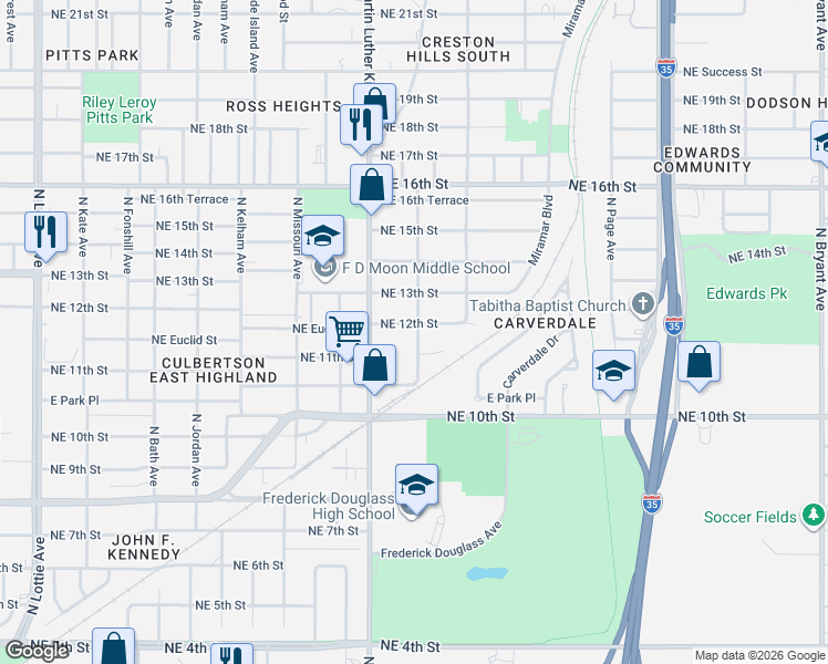 map of restaurants, bars, coffee shops, grocery stores, and more near 1218 North Irving Street in Oklahoma City