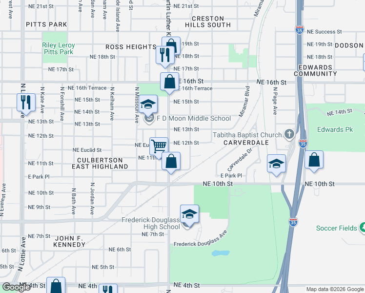 map of restaurants, bars, coffee shops, grocery stores, and more near 2012 Northeast 12th Street in Oklahoma City