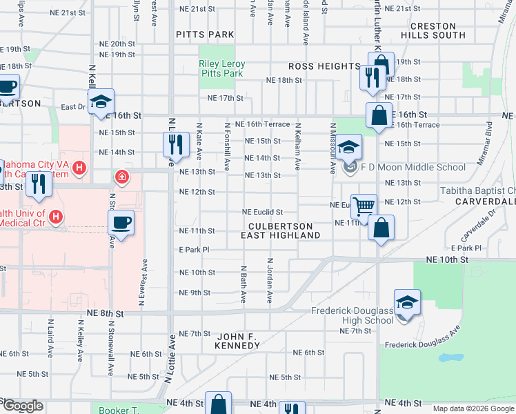 map of restaurants, bars, coffee shops, grocery stores, and more near 1529 Northeast Euclid Street in Oklahoma City