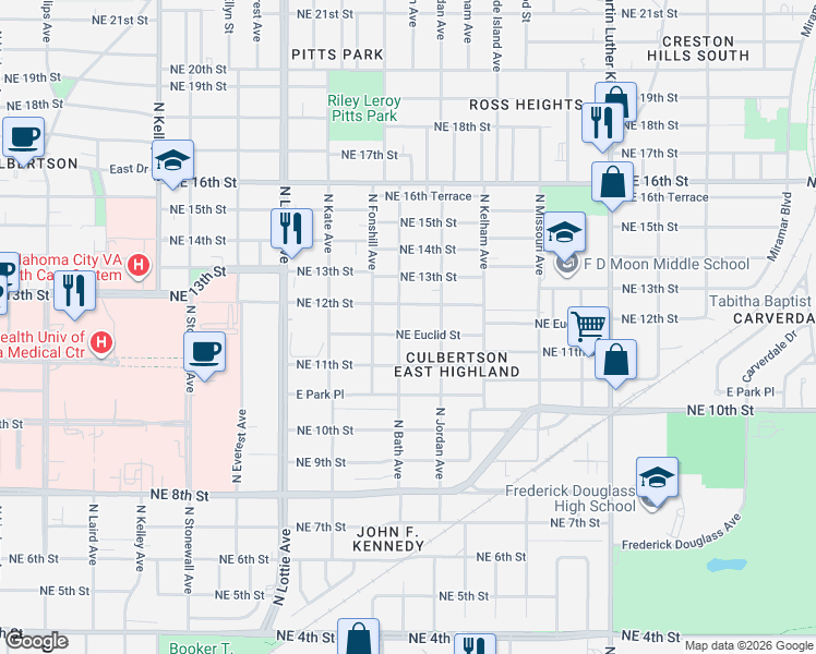 map of restaurants, bars, coffee shops, grocery stores, and more near 1501 Northeast 11th Street in Oklahoma City