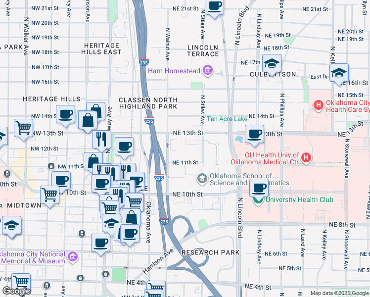 map of restaurants, bars, coffee shops, grocery stores, and more near 229 Northeast 11th Street in Oklahoma City