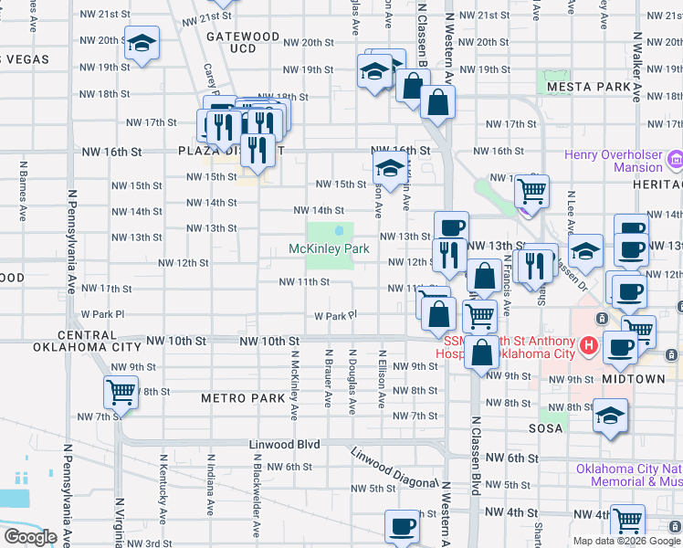 map of restaurants, bars, coffee shops, grocery stores, and more near 1321 Northwest 11th Street in Oklahoma City