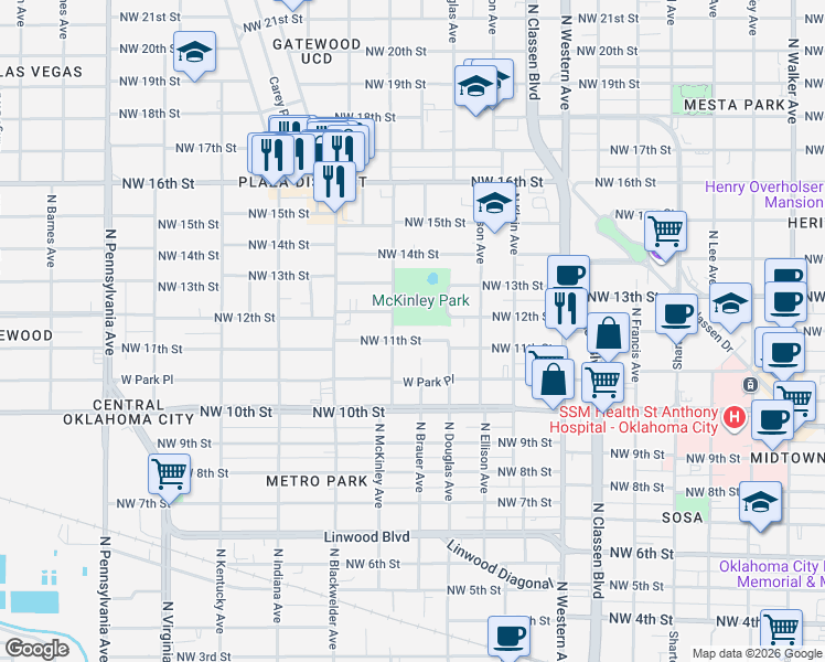 map of restaurants, bars, coffee shops, grocery stores, and more near 1508 Northwest 11th Street in Oklahoma City