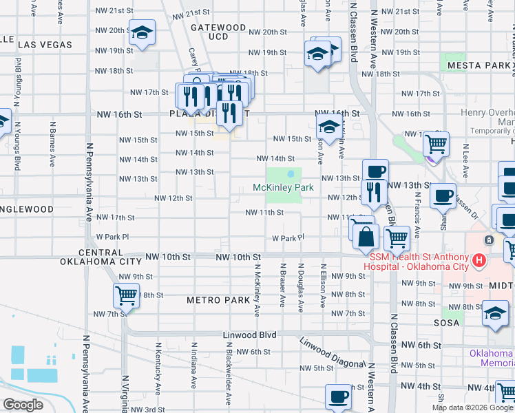 map of restaurants, bars, coffee shops, grocery stores, and more near 1615 Northwest 11th Street in Oklahoma City