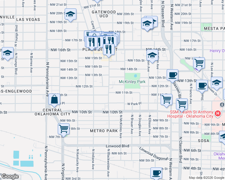 map of restaurants, bars, coffee shops, grocery stores, and more near 1209 North Blackwelder Avenue in Oklahoma City