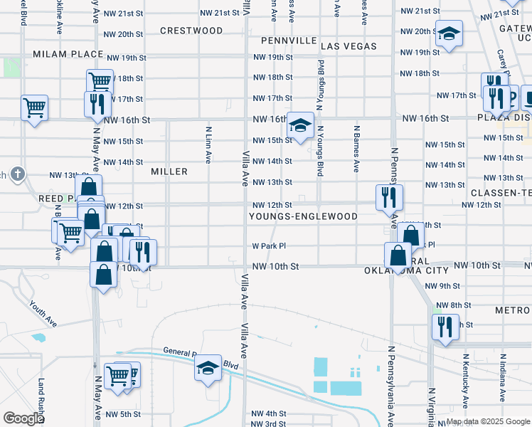 map of restaurants, bars, coffee shops, grocery stores, and more near 2415 Northwest 11th Street in Oklahoma City